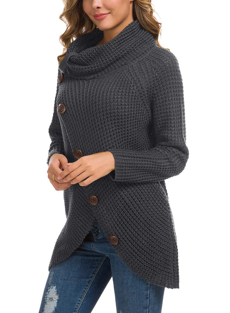 GRECERELLE Women's 2024 Fall Turtleneck Chunky Pullover Sweaters Long Sleeve Asymmetric Knit Jumper Tops Dark Gray, L - Image 3